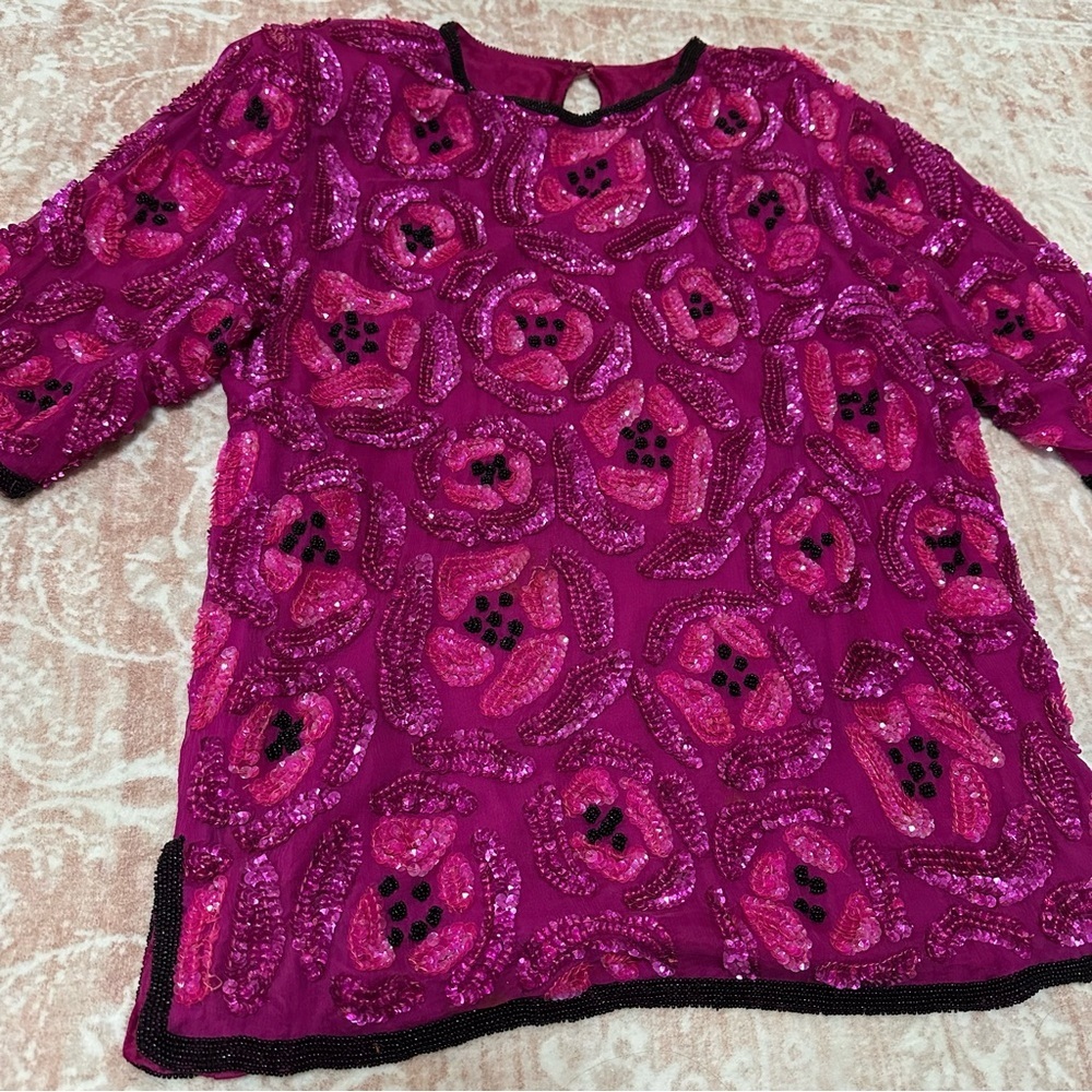 Vintage 100% Silk Beaded Camellia Sequins Pink Top - Picture 2 of 16